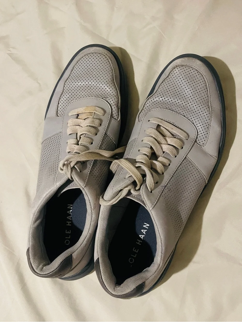 Cole Haan Men’s Light Gray Perforated Leather Sneakers with Navy Insole